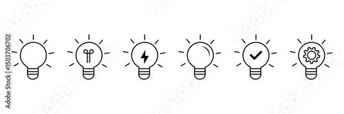 Set of light bulb vector icons. Black icons lamps or bulb and rays. Light bulb sign. Lightning in light bulb icon.