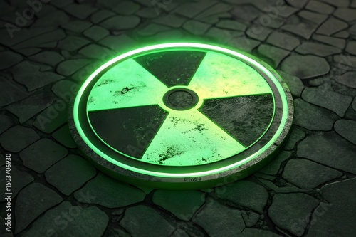 Yellow nuclear radiation danger symbol on green grass, a warning of radioactive hazard