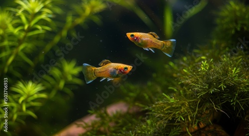 Two golden molly fish swim gracefully in their lush aquarium habitat