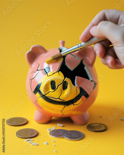 A hand is delicately painting a broken piggy bank, revealing a smiling face beneath the cracked surface. Coins scatter around, hinting at themes of financial exploration and creativity. Generative AI photo