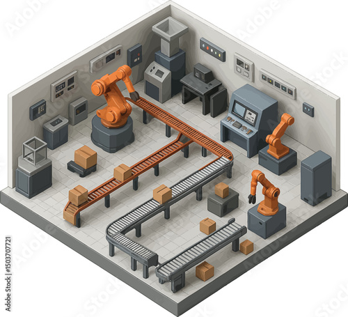 Isometric view of Robotic arms with conveyor in industrial factory