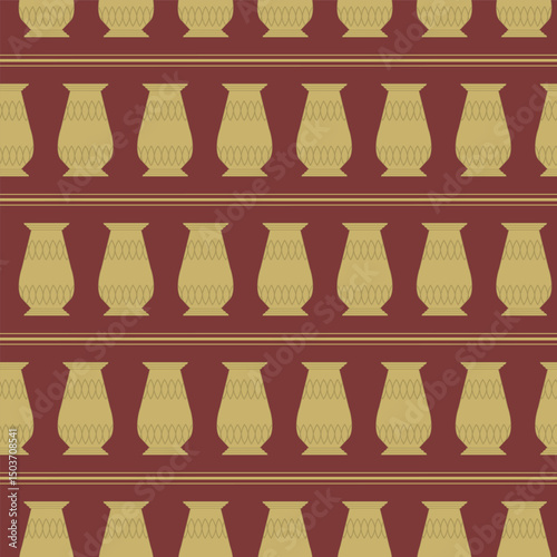 Art Deco Horizontal Stripes of Golden Urns on Jewel Tone Red creating a seamless pattern print