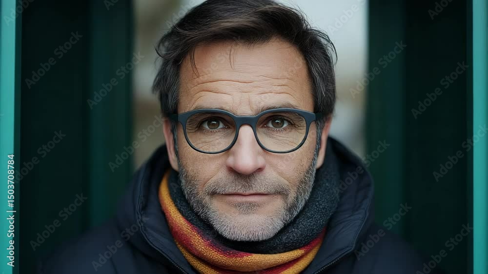 Man in Glasses and Scarf: A thoughtful middle-aged man with dark hair and glasses gazes directly at the camera, wearing a dark jacket and a patterned scarf.