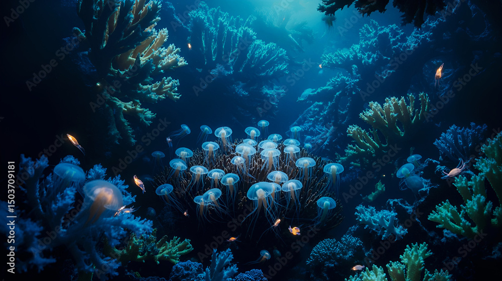 Fototapeta premium Mesmerizing underwater scene of glowing bioluminescent coral reefs with vibrant blue and turquoise hues, illuminated caves, and exotic marine life including jellyfish, luminescent crustaceans