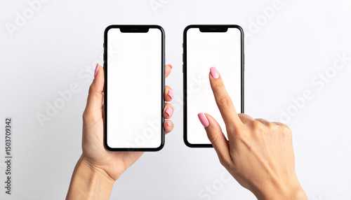 Dual Display: Two phones with blank screen for mockup and woman's hand point screen on device for advertising concept, studio shot.