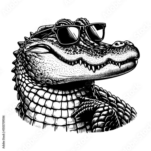 Crocodile wears sunglasses sketch engraving black and white outline. Scratch board imitation. illustrated in vintage line art style on a white background.