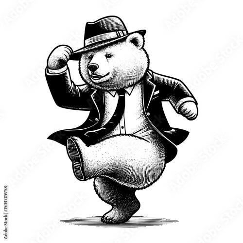 Bear wear suit dancing sketch engraving black and white outline. Scratch board imitation.  illustrated in vintage line art style on a white background.