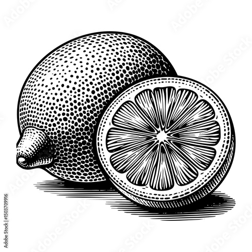 slice of lemon fruit engraving black and white outline. Scratch board imitation illustrated in vintage line art style on a white background.