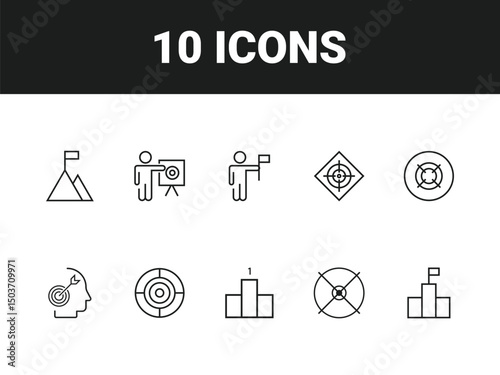 Target line icon set. Set of outline icons related to target, goal, achievement, focus, success, mission, arrow and others. Vector illustration.