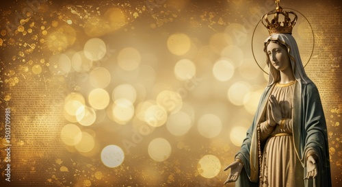 Mary Queen of Heaven with Golden Bokeh and Religious Script Background