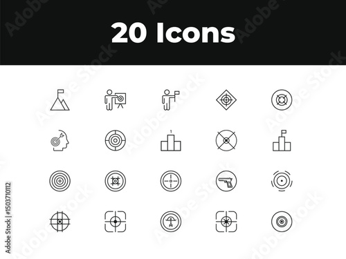 Target line icon set. Set of outline icons related to target, goal, achievement, focus, success, mission, arrow and others. Vector illustration.