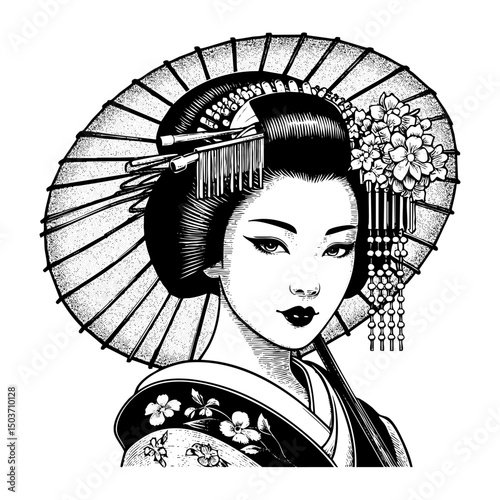 Geisha engraving black and white outline. Scratch board imitation.  illustrated in vintage line art style on a white background.