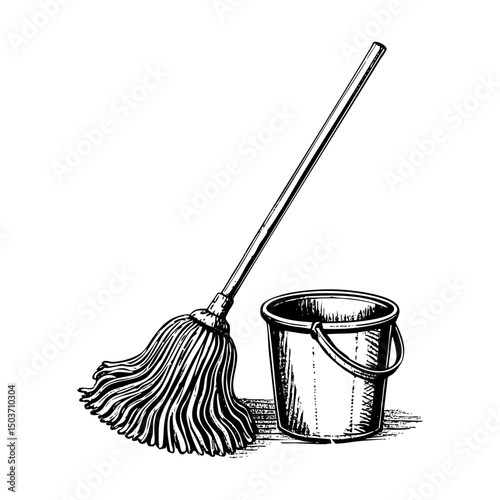 Mop and bucket sketch engraving black and white outline. Scratch board imitation. illustrated in vintage line art style on a white background.