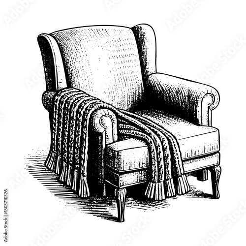 Sofa with blanket engraving black and white outline. Scratch board imitation.  illustrated in vintage line art style on a white background.