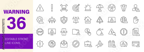 Warning icon set. Containing alert, caution, danger, error, hazard, notification, attention sign, exclamation mark, stop, notice and more. Editable line icons. Vector illustration.