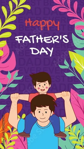 Vertical looping animation of a joyful father carrying his child on his shoulders, framed by colorful foliage and 