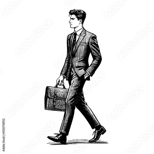 Businessman hold suitcase sketch engraving black and white outline. Scratch board imitation.  illustrated in vintage line art style on a white background.