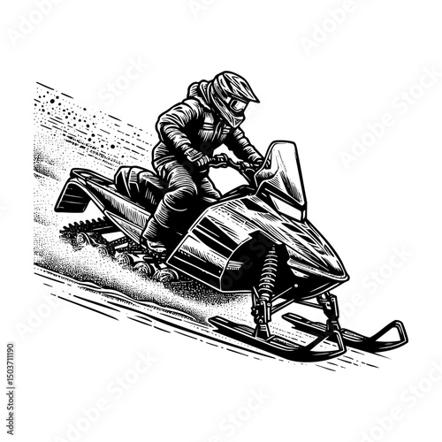 Riding snowmobile sketch engraving black and white outline. Scratch board imitation.  illustrated in vintage line art style on a white background.