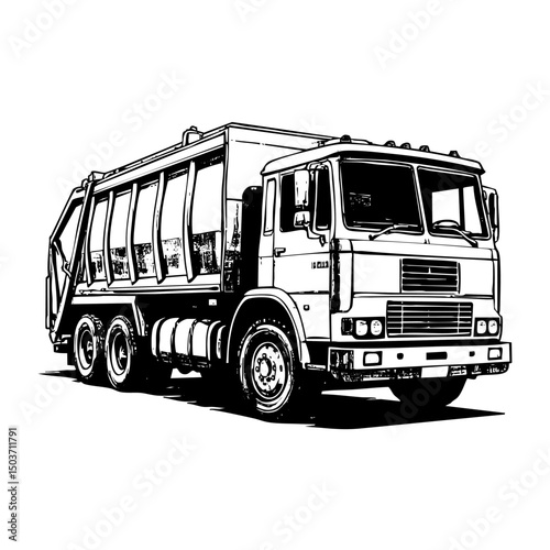 garbage truck sketch engraving black and white outline. Scratch board imitation.