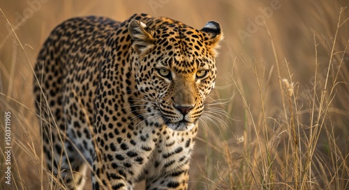 Majestic leopard prowling through the tall savanna grass with focused gaze