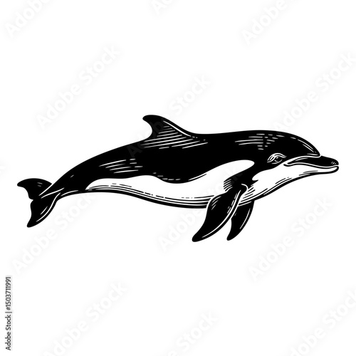 dolphin jump sketch engraving black and white outline. Scratch board imitation.