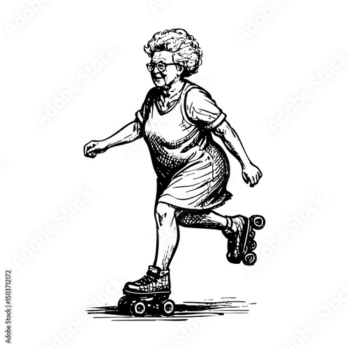 Grandmother playing roller skate sketch engraving black and white outline. Scratch board imitation.