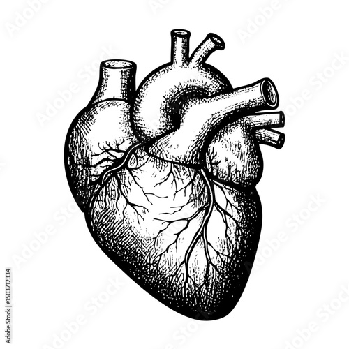 Heart anatomy sketch engraving black and white outline. Scratch board imitation.  illustrated in vintage line art style on a white background.