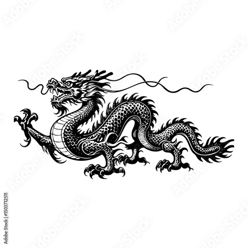Dragon engraving black and white outline. Scratch board imitation.  illustrated in vintage line art style on a white background.