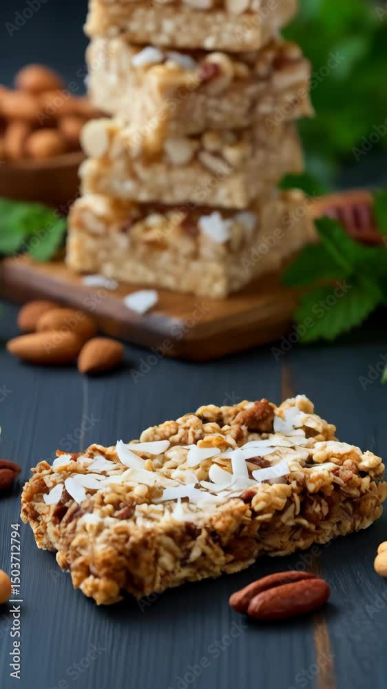 Nutty oat bars stacked on wooden board with scattered almonds, pecan, and coconut flakes, on dark blue background. Nutty oat bars stacked on wooden board with scattered almonds, pecan, and coconut flakes, on dark blue background.
