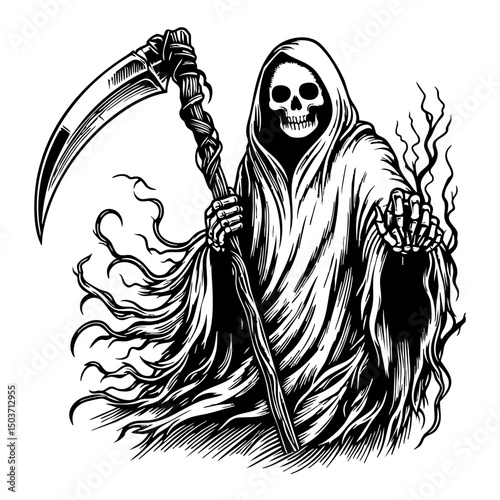 Grim reaper holding sickle sketch engraving black and white outline. Scratch board imitation.