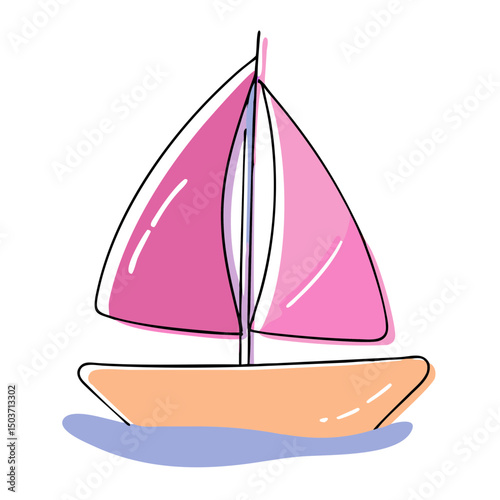 Cartoon of a sailboat with pink sails and an orange hull on blue water. Can be used by travel blogs, sailing websites, or nautical-themed content.