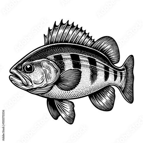 Zander fish sketch engraving black and white outline. Scratch board imitation.