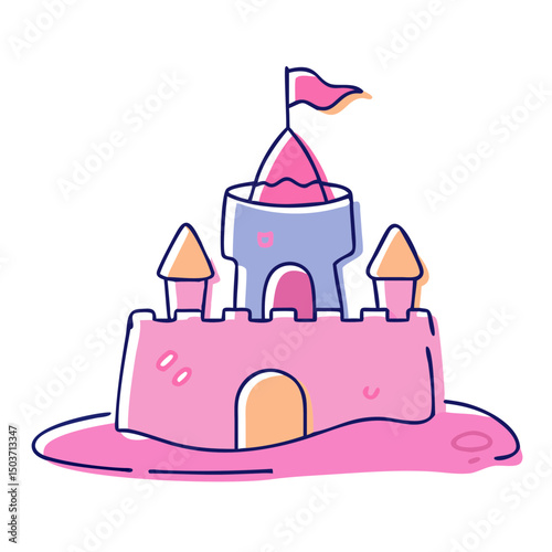 A colorful cartoon sandcastle with a flag, a vector illustration. Use for children's blogs, vacation websites, or design elements.