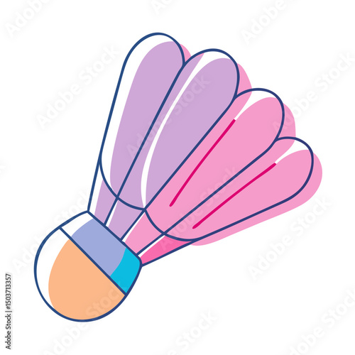 Cartoon of a pink, purple, and orange shuttlecock. Can be used by badminton blogs, sports equipment shops, or sites about recreational activities.