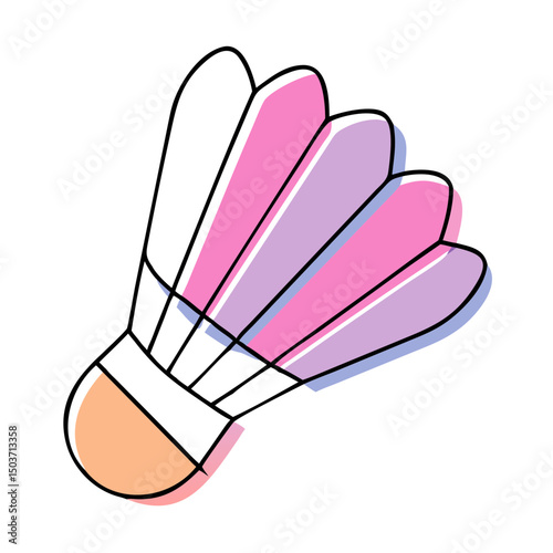 Cartoon of a pink, purple, and orange shuttlecock. Can be used by badminton blogs, sports equipment shops, or sites about recreational activities.