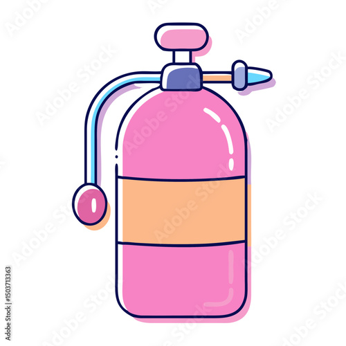 Cartoon of a pink and orange garden sprayer. Can be used by gardening blogs, plant care websites, or shops selling gardening supplies.