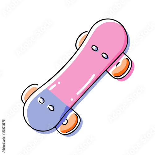 Cartoon of a pink and orange skateboard with two orange wheels. Can be used by skateboarding blogs, online shops selling skate equipment, or sites related to youth culture.