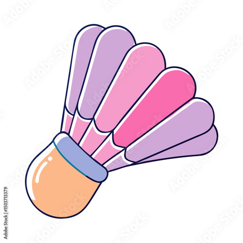 Cartoon of a pink, purple, and orange shuttlecock. Can be used by badminton blogs, sports equipment shops, or sites about recreational activities.