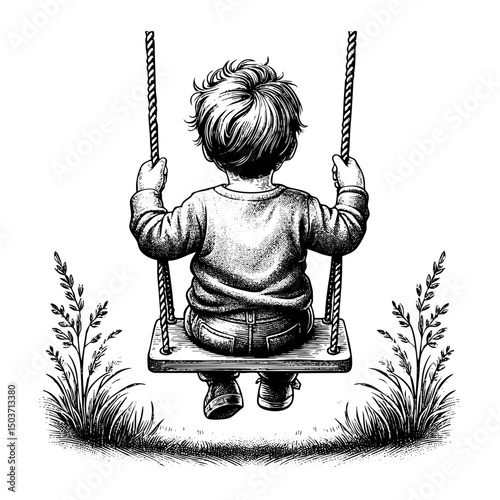 Boy playing swing in park engraving black and white outline. Scratch board imitation.  illustrated in vintage line art style on a white background.