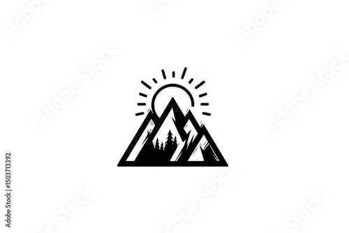 Black and White Mountain Sun Illustration. minimalist vector icon