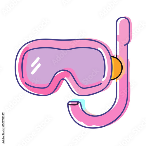 Cartoon of a pink snorkel mask with a light blue snorkel. Can be used by diving blogs, snorkeling gear shops, or vacation websites.