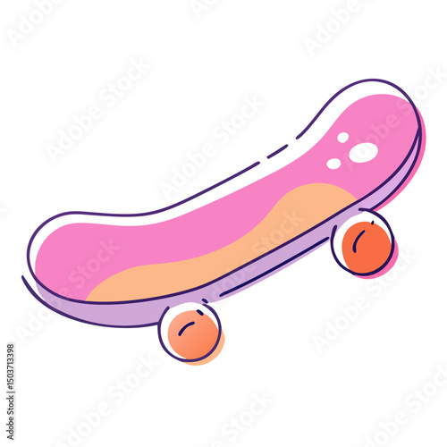 Cartoon of a pink and orange skateboard with two orange wheels. Can be used by skateboarding blogs, online shops selling skate equipment, or sites related to youth culture.