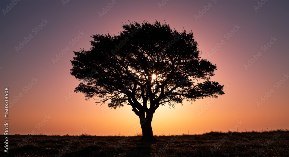 Silhouette of a solitary tree against a gradient sky at sunset, landscape scene Silhouette of a solitary tree against a gradient sky at sunset, landscape scene