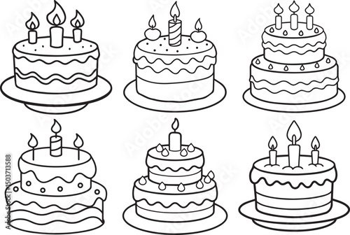 Set of birthday cake vector illustration line art	