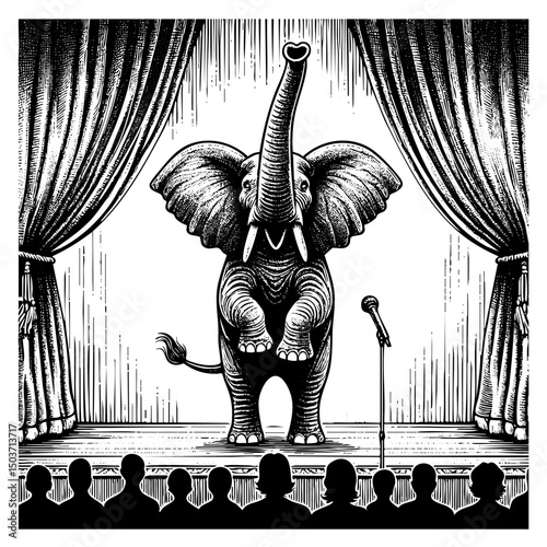 Elephant standing on circus stage engraving black and white outline. Scratch board imitation. illustrated in vintage line art style on a white background.
