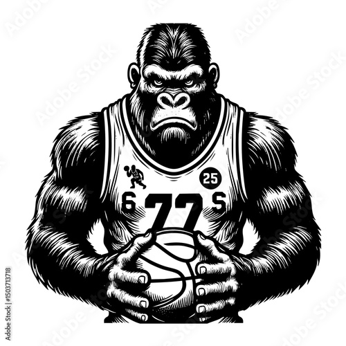 Gorilla play basketball sketch engraving black and white outline. Scratch board imitation. illustrated in vintage line art style on a white background.