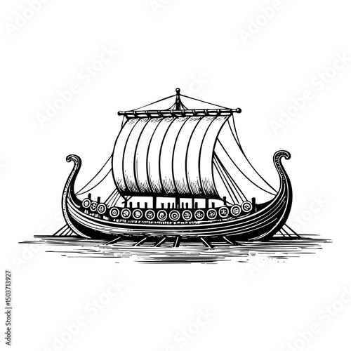 viking ship engraving sketch engraving black and white outline. Scratch board imitation.  illustrated in vintage line art style on a white background.