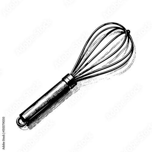 Whisk sketch engraving black and white outline. Scratch board imitation.