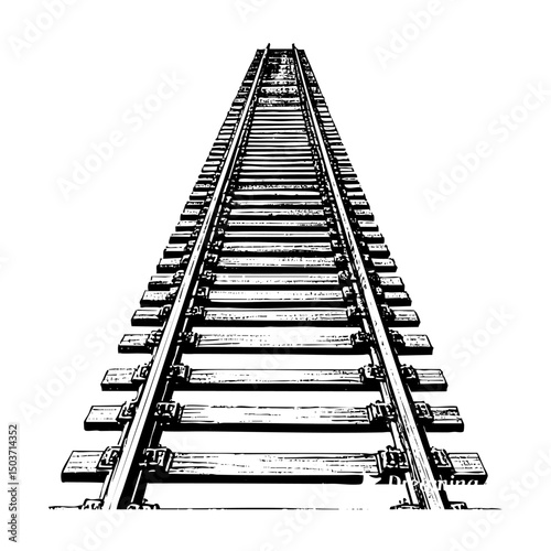 railroad sketch engraving black and white outline. Scratch board imitation.