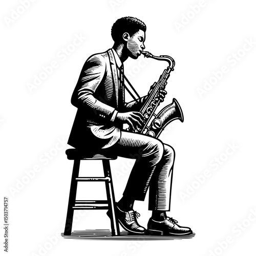 African man in suit playing saxophone sketch engraving black and white outline. Scratch board imitation.  illustrated in vintage line art style on a white background.